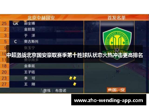 中超激战北京国安豪取赛季第十胜球队状态火热冲击更高排名 中超激战北京国安豪取赛季第十胜球队状态火热冲击更高排名